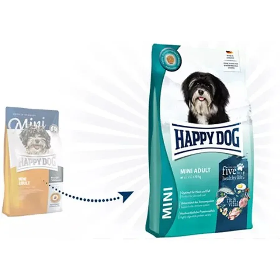 غذای خشک سگ بالغ نژاد کوچک هپی داگ با ۵ منبع پروتئین | Happy Dog Mini Adult Fit Vital — جدول تغذیه و مقدار مصرف