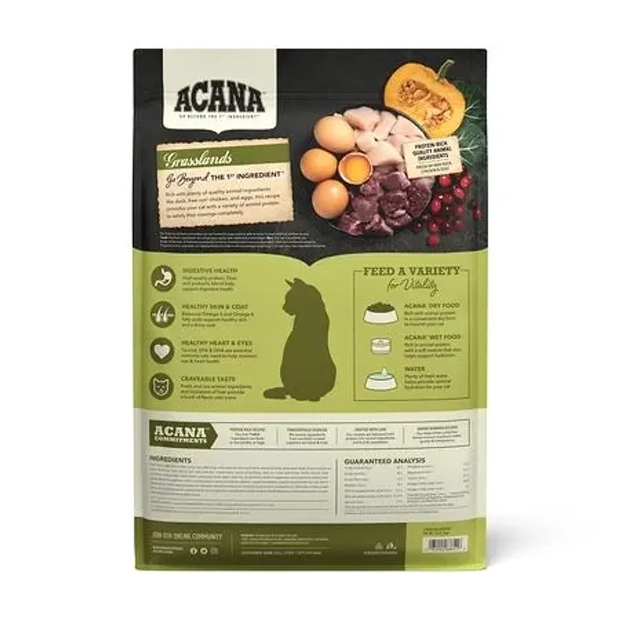 غذای خشک گربه آکانا گراسلندز با طعم اردک، مرغ و ماهی | Acana Grasslands Cat Food — نمای دیگر بسته‌بندی