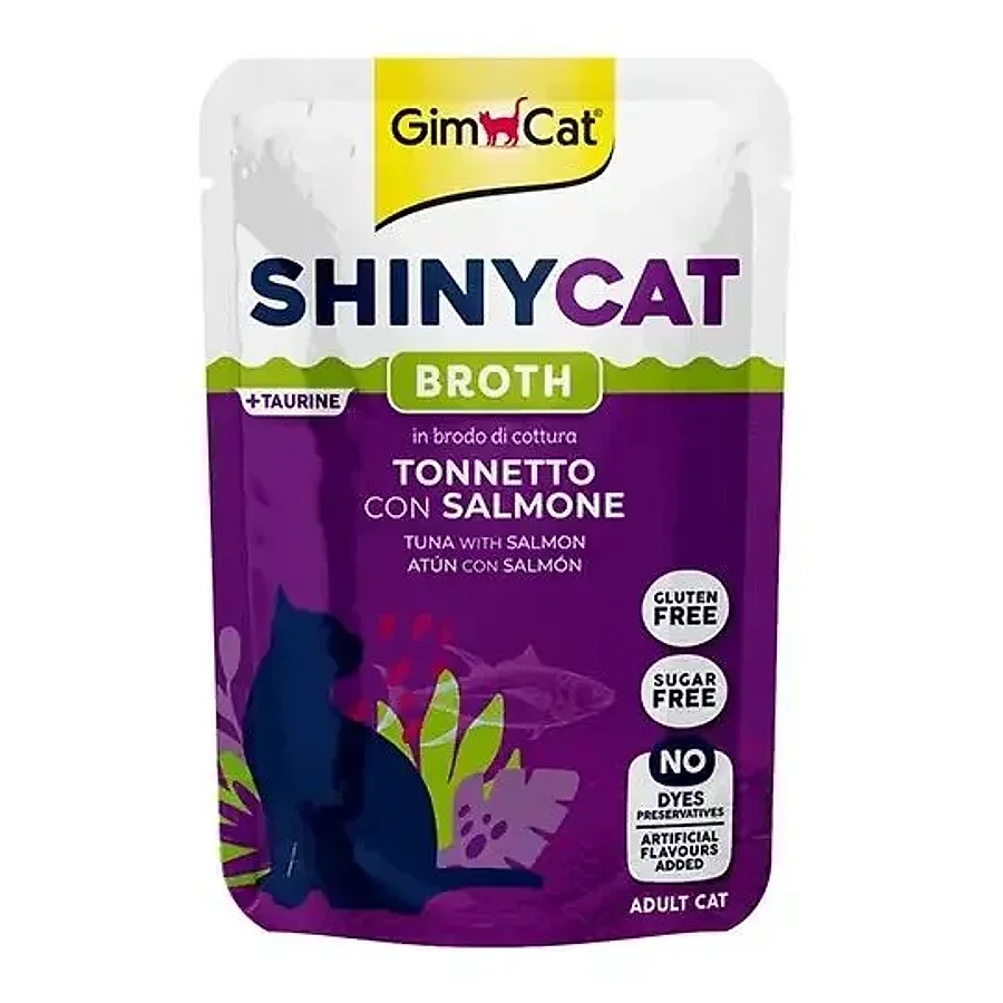 پوچ مکمل گربه جیم‌کت شاینی‌کت فیله تن و سالمون در آبگوشت | GimCat ShinyCat Tuna Salmon Broth