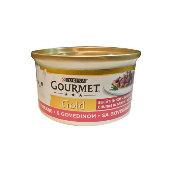 کنسرو گربه بالغ گورمت گلد چانکی با تکه‌های گوشت گاو در سس | Gourmet Gold Chunky Beef Cat Food