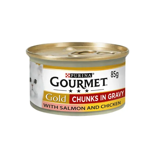 کنسرو گربه بالغ گورمت گلد با طعم مرغ و سالمون در سس | Gourmet Gold Chicken & Salmon Cat Food