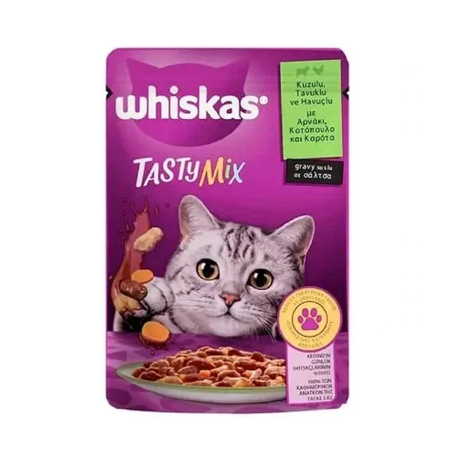 پوچ گربه بالغ ویسکاس تیستی میکس با بره، مرغ و هویج در ژله | Whiskas Tasty Mix Lamb, Chicken & Carrots in Jelly