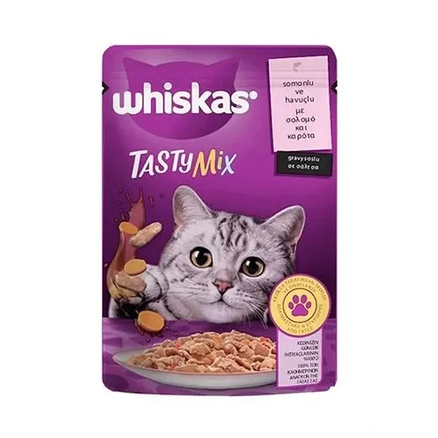پوچ گربه بالغ ویسکاس تیستی میکس با سالمون و هویج در ژله | Whiskas Tasty Mix Salmon & Carrots in Jelly